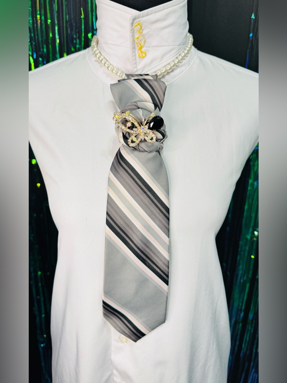 Elegant Gray, Pink, Black Striped Necktie with Butterfly Brooch